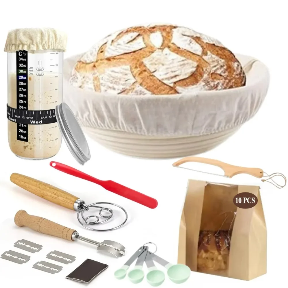 28pcs Bread Proofing Basket Set 24 Oz Sourdough Starter Jar Round Fermentation Basket Bread Knife Perfect Baking Gift for Bakers