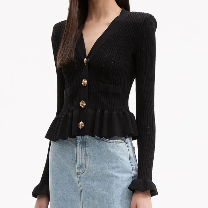V-neck Knitted Tierred Jacket Single Breasted White Knit Cardigan Long Flare Sleeves Diamond Button Elegant Short Coat for Women