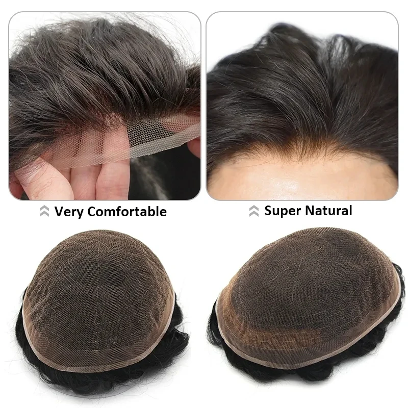 남성용 Toupee 인모 교체 시스템, 인도 헤어피스, 풀 스위스 레이스 베이스, 통기성 모세관 보형물 