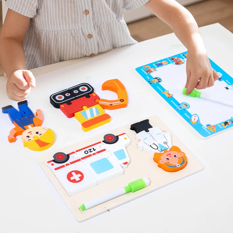 Children's puzzle and early education three-dimensional puzzle, wooden toy, character, occupational cognition card buckle puzzle