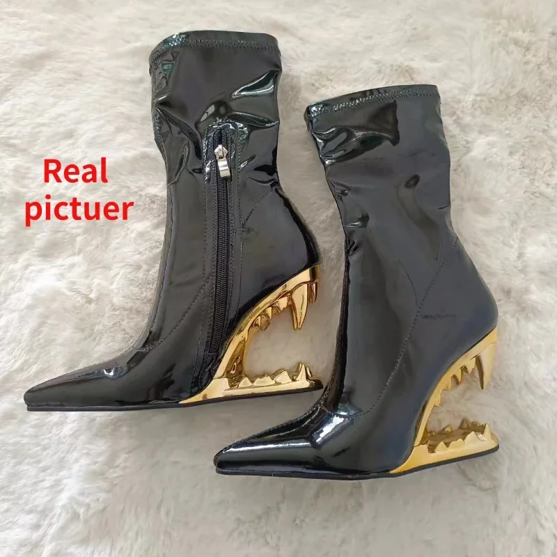 2024 Autumn New Fashion Teeth High Heel Luxury Elastic Ankle Boots for Women Brand Pointed Elegant Sock Shoes Party Banquet 43