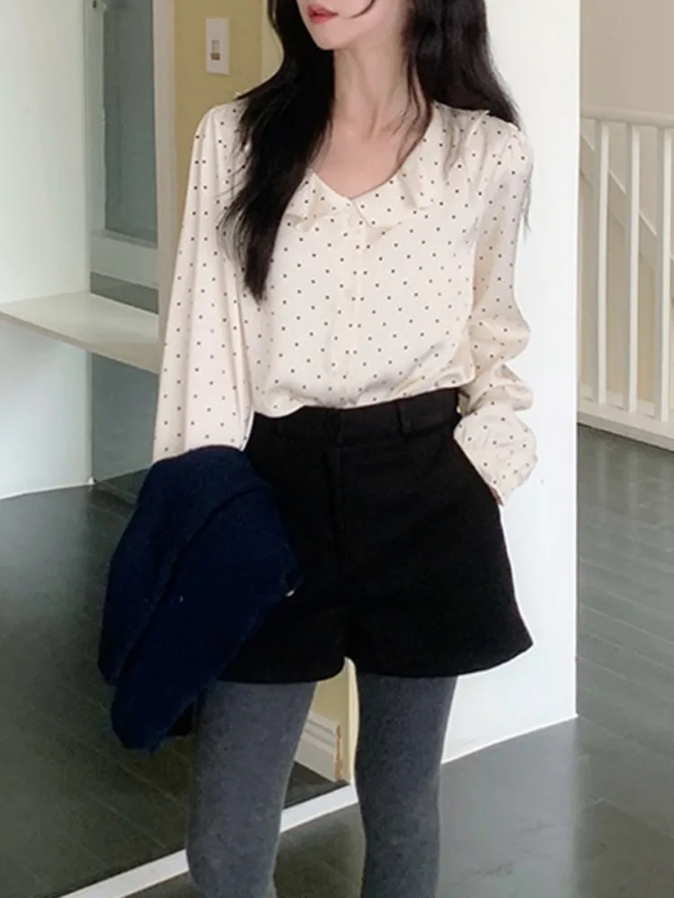 Chique polka dot satijnen ronde ne blouse voor dames basislaag irt Koreaanse Sle lente herfst winter vrijetijdskleding