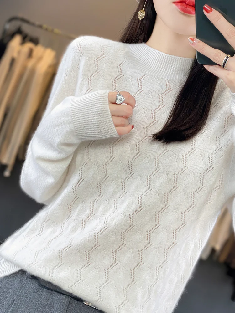 Women Autumn Winter Sweater 100% Merino Wool Pullover Mock Neck Hollow Long Sleeve Cashmere Knitwear Female Clothing New Fashion
