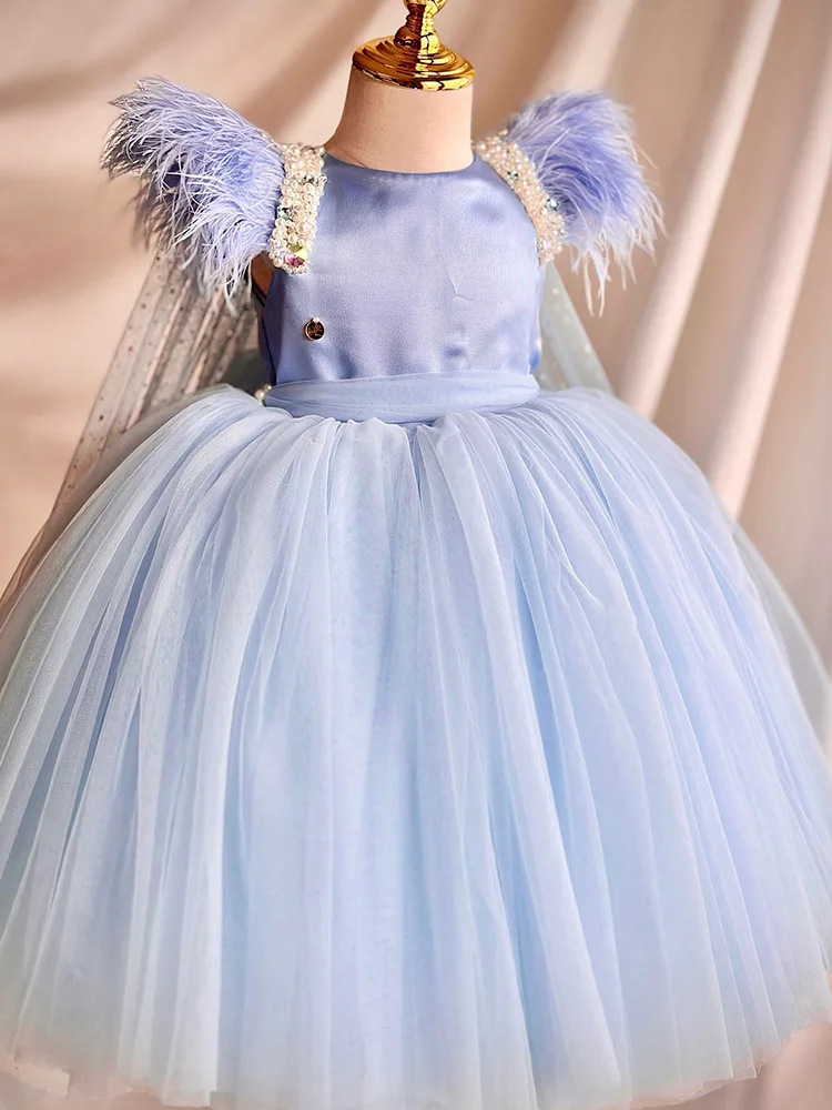 

European American Girl Blue Pearl Feather Tulle Princess Dress Baby's 1st Birthday Party Children's Wedding Ball Evening Dress