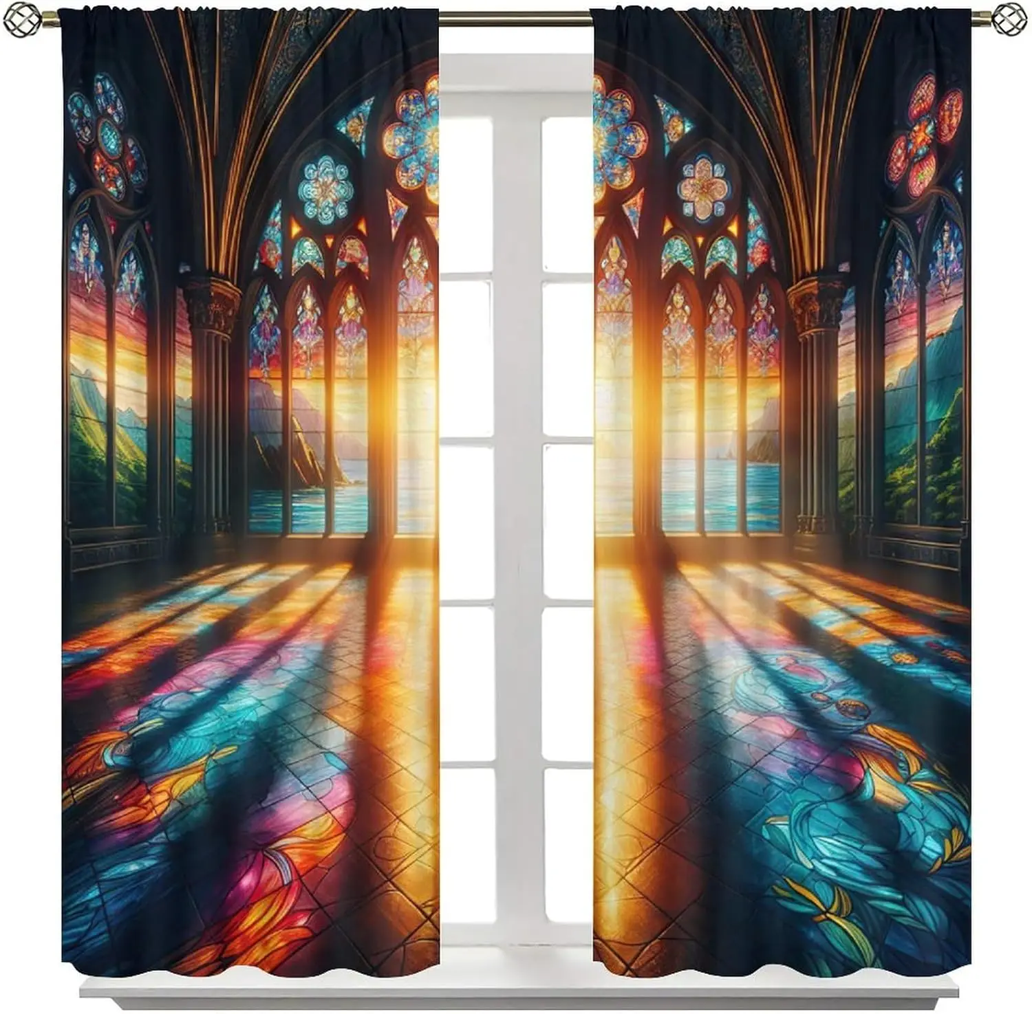 Stained Glass Cathedral Curtains Church Window Light Print for Living Room Decor
