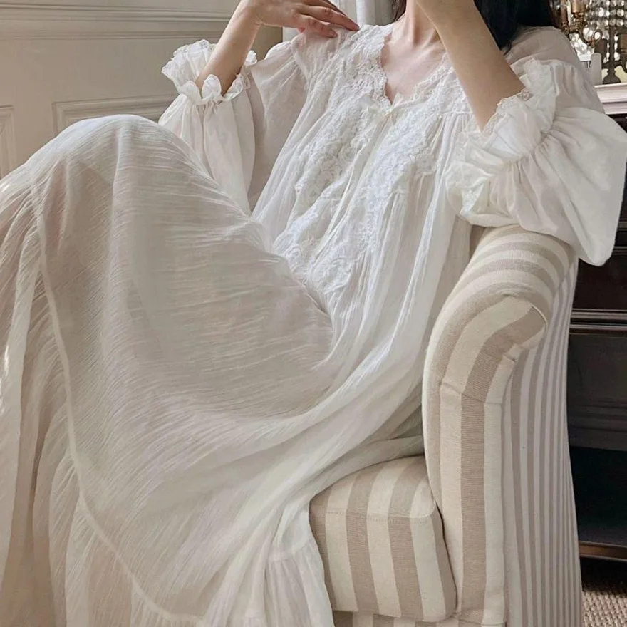 Retro Hepburn Style Long Nightgown for Women Spring and Autumn New Fairy Princess Style Sleepwear Long Sleeved Home Wear