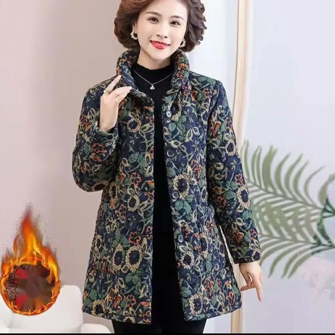 フリース裏地付き厚手冬用暖かい綿ジャケット中高年母親向けの新しいスタイルスタンドカラーフローラルプリントコート