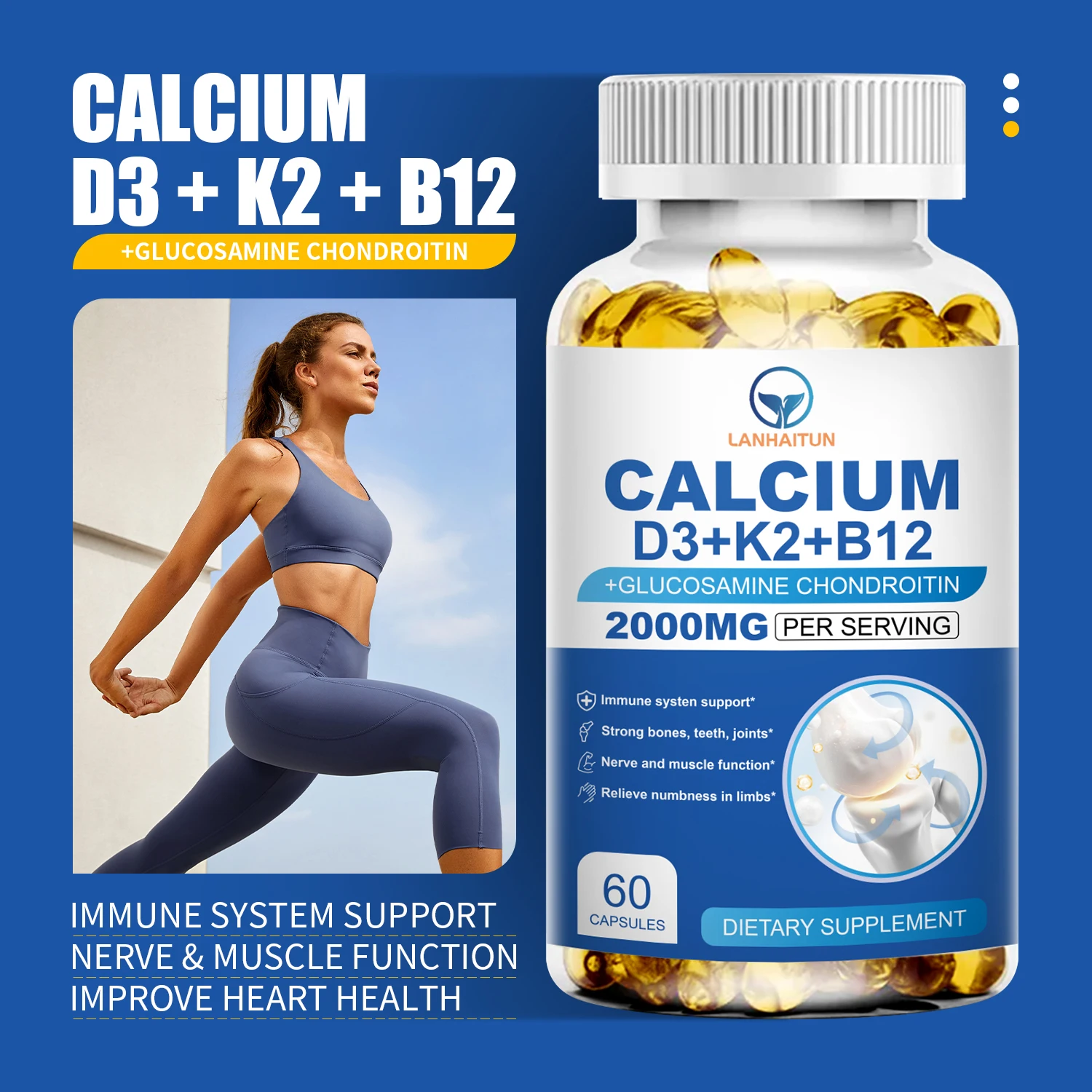 LANHAITUN Vegan Vitamin D3+K2 Supplement for Regulate Calcium Metabolism Promote Bone Immunity System Boost Skin Health Non-GMO