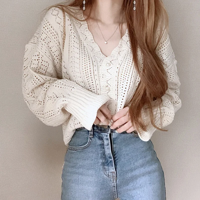 Pointelle Knit Cardigan Women\'s Semi Sheer V-neck Long Sleeve Pearl Button Down Sweater Jacket Teen-girl Fairycore Outfit