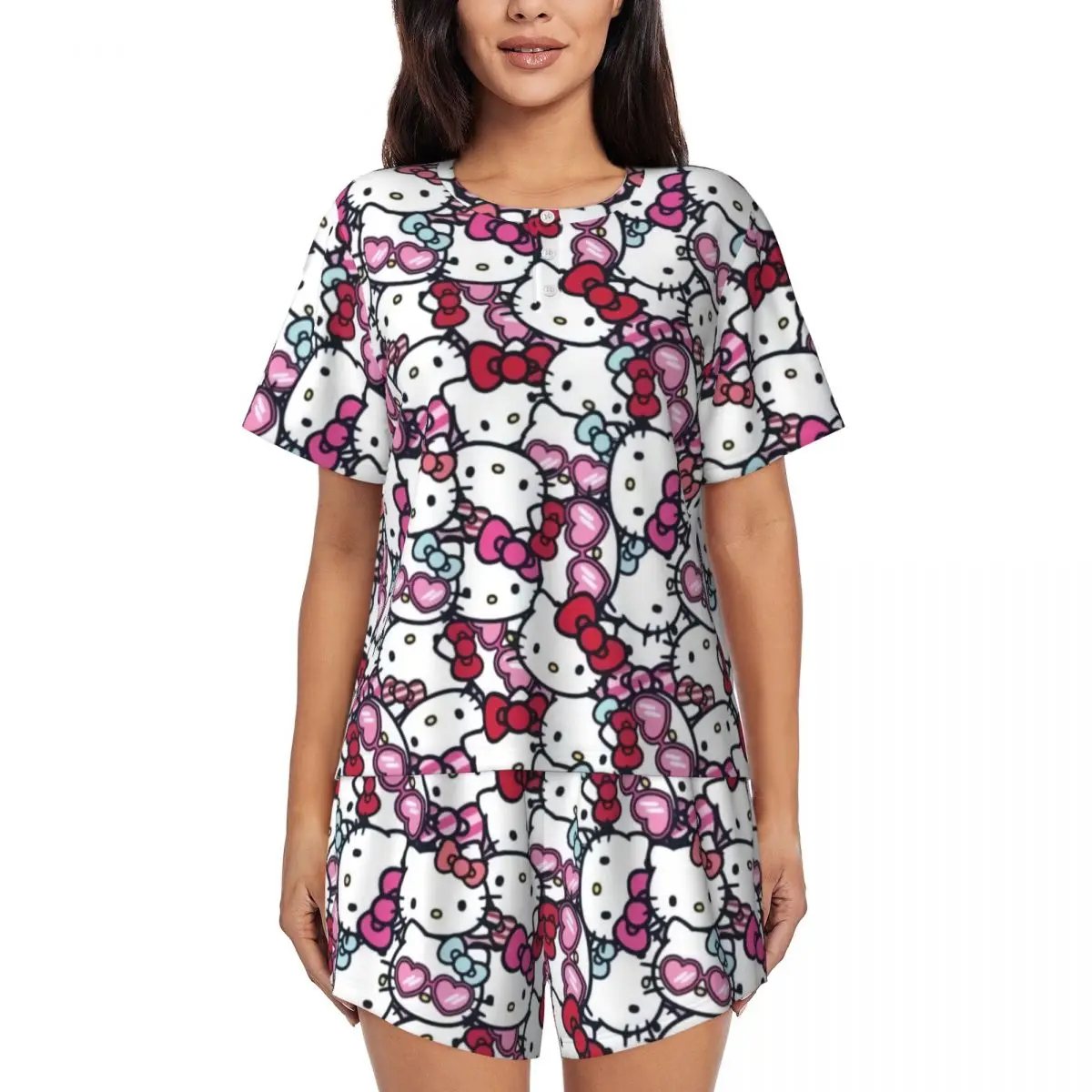 

Пижамный комплект с бантом из мультфильма Hello Kitty, женская одежда для сна с коротким рукавом, домашняя одежда, 2 предмета, Pjs