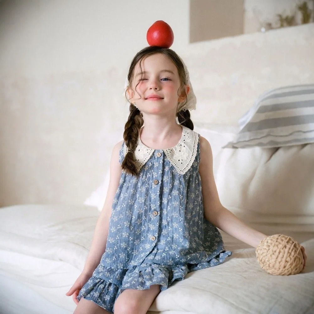 Summer Blue Flower Printed Girls' Clothing Sleeveless Lapel Shirt Top + Shorts Korean Version Plain Color Girls' Two-piece Set