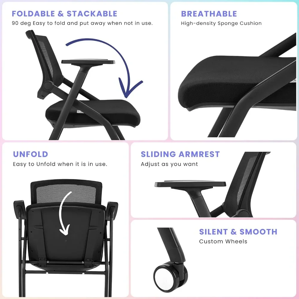 Juego de 8 sillas de conferencia con ruedas y paleta, espalda y brazos de malla ergonómicos, sillas de conferencia plegables apilables