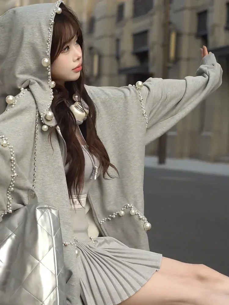 Grey Pearl Bead Sweatshirts Women's 2024 Early Autumn New Loose Casual Long Sleeve Hooded Trendy Tops Feminine Zipper Hoodies