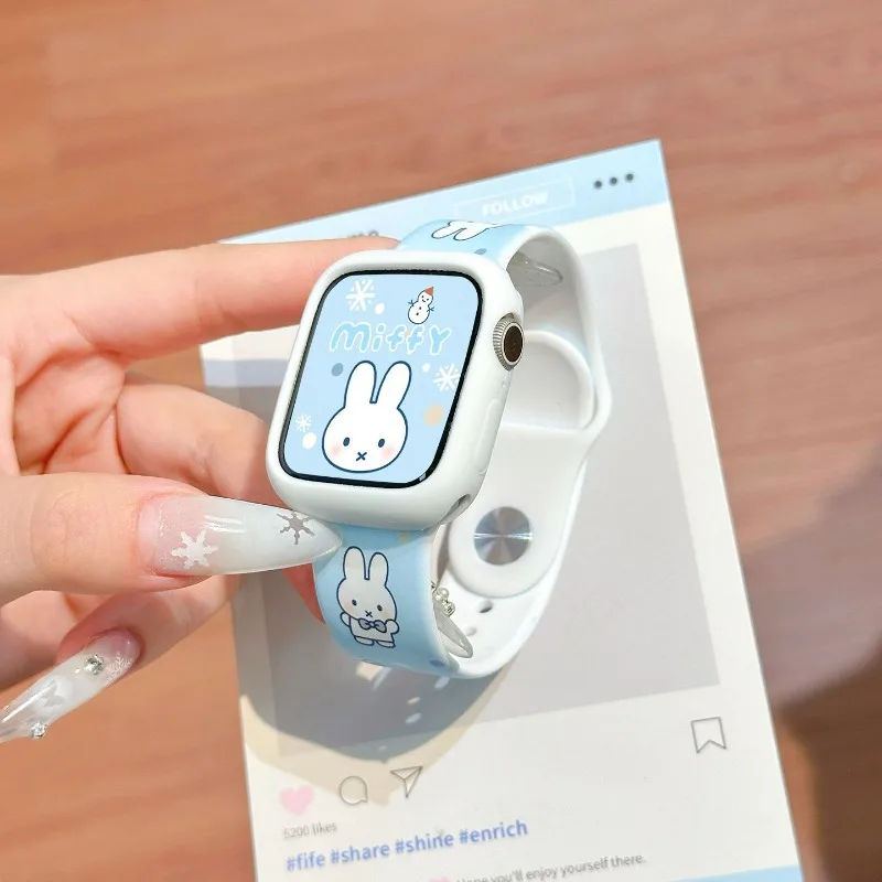 Miffy Bunny Snowflake Silicone Watch Band Soft Waterproof Adjustable Iwatch S11/10/9/Ultra Strap for Women Kawaii Gift 38mm-46mm