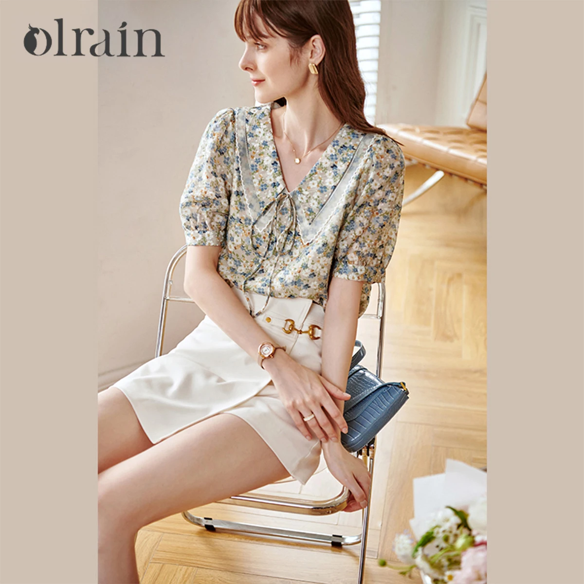 

OLrain Women Blouses 2025 Summer French Style Floral Chiffon Shirts Fashion Embroider V-neck Lace-up Ladies Blouse O21XX51935