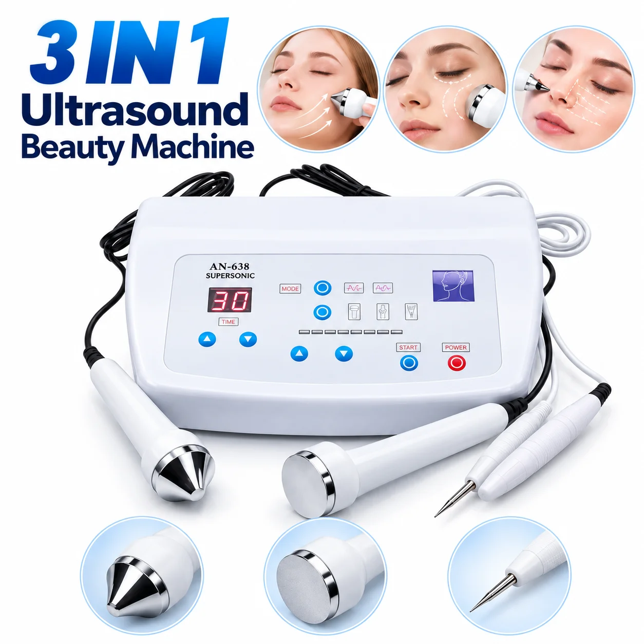 3-in-1 Multifunctional Ultrasound Beauty Machine Ultrasonic Facial Massager Eye Care Pore Cleansing Skin Care SPA Device