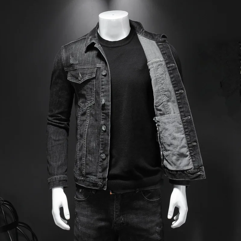 Mens Denim Jacket Moto Biker Outerwear Coats Men Jeans Jacket Black Casual Cotton Turn Down Collar Motorcycle Denim Coats Men