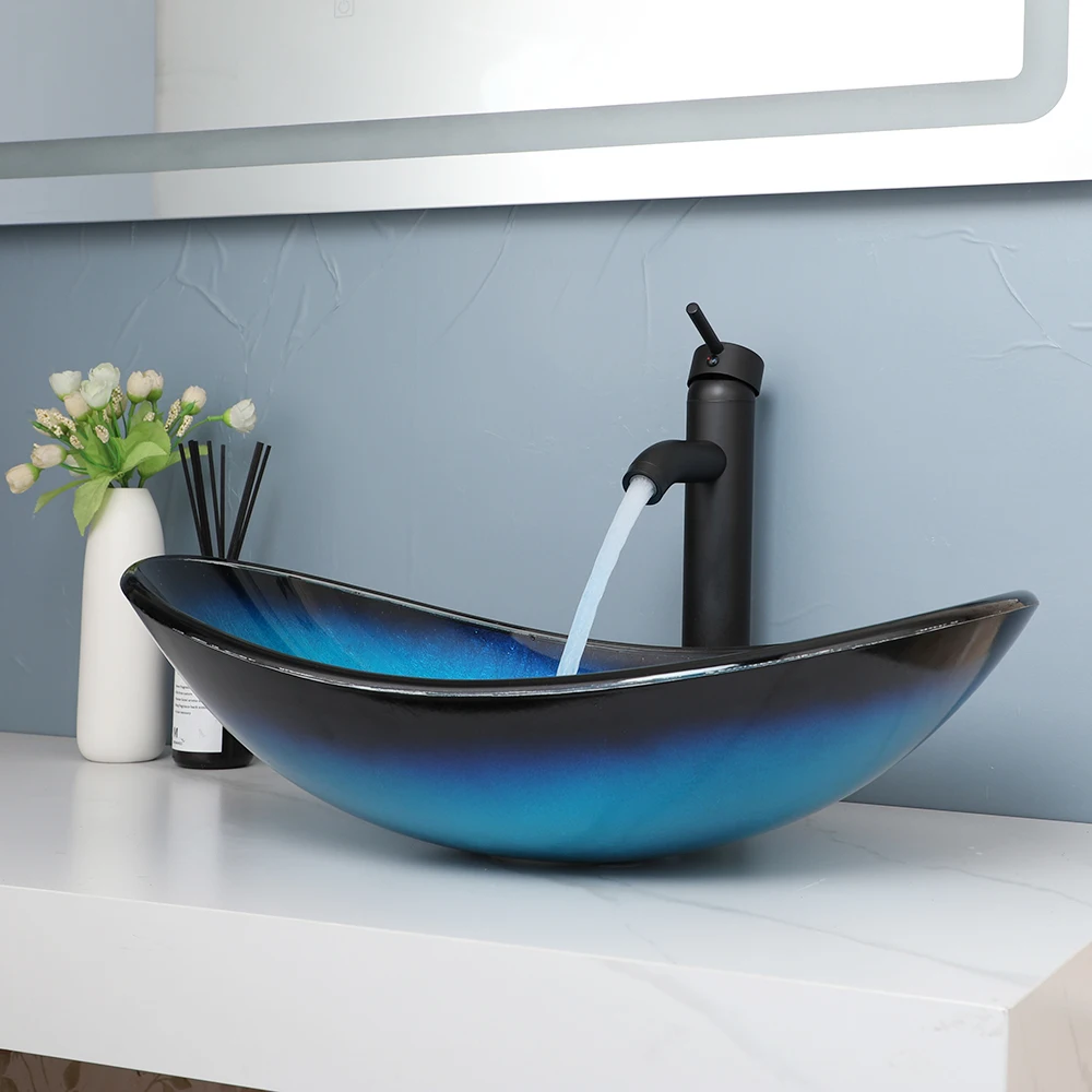 KEMAIDI Blue Tempered Glass Oval Vessel Sink Faucet Set Bathroom Solid Sink With Matte Black Hot Cold Water Faucets Mixer Drain