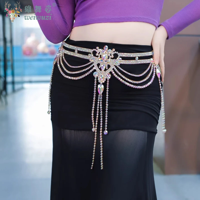 Mode Buikdansen Prestaties Taille Keten voor Dames Handgemaakte Senior AB Stenen Kwastje Riem Competitie Accessoires Riemen