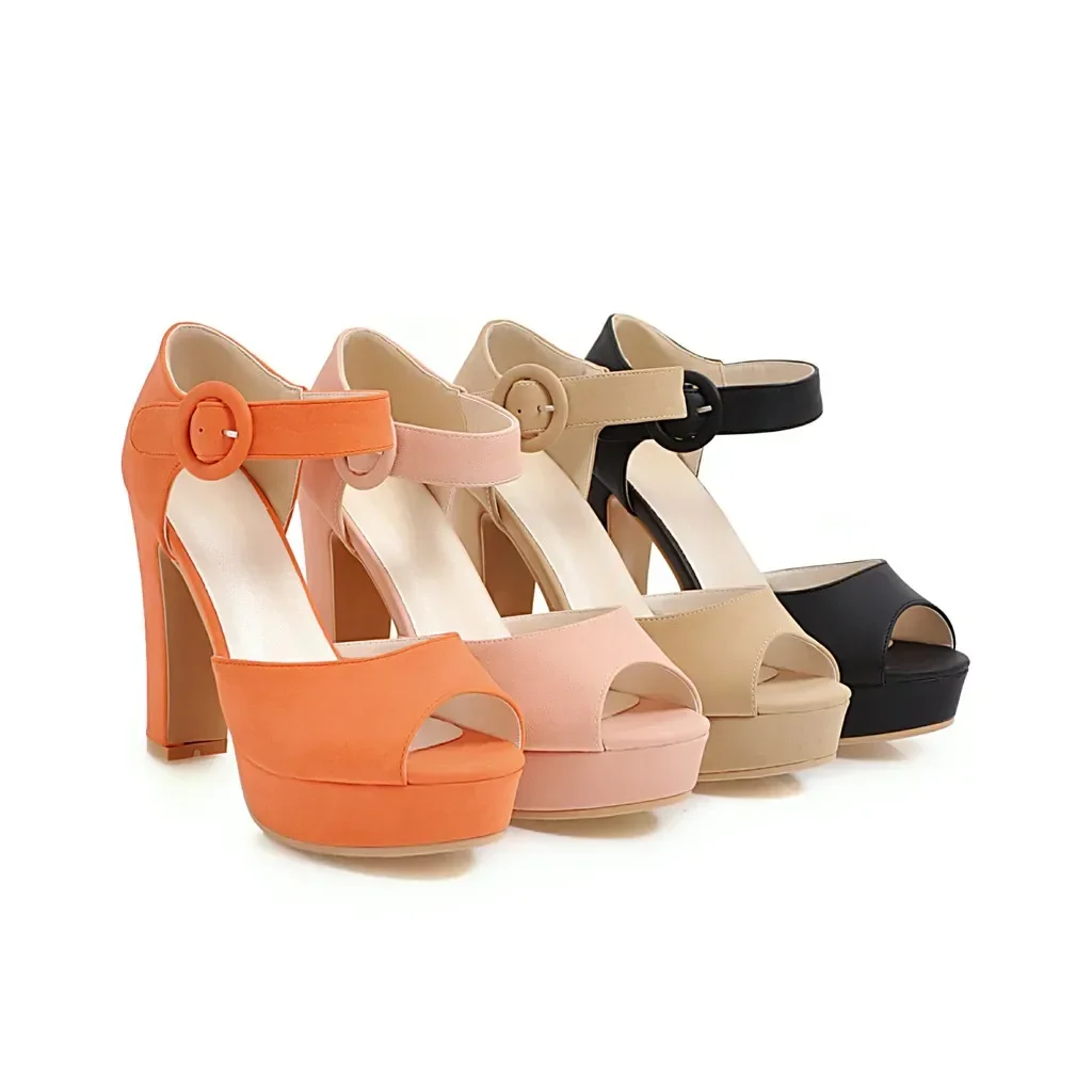 Women Platform Sandals Super High Chunky Heel Black Orange PInk Party Dress Office Buckle Ankle Strap Peep Toe Summer Lady Shoes