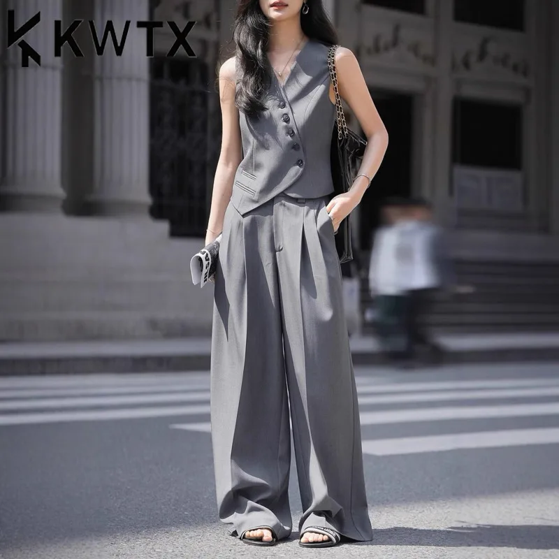 

KWTX Women's 2 Piece Set V-Neck Waist Tie Asymmetrical Vest Wide Leg Pants Casual Spring Summer 2025 Grey Premium Chic Designer
