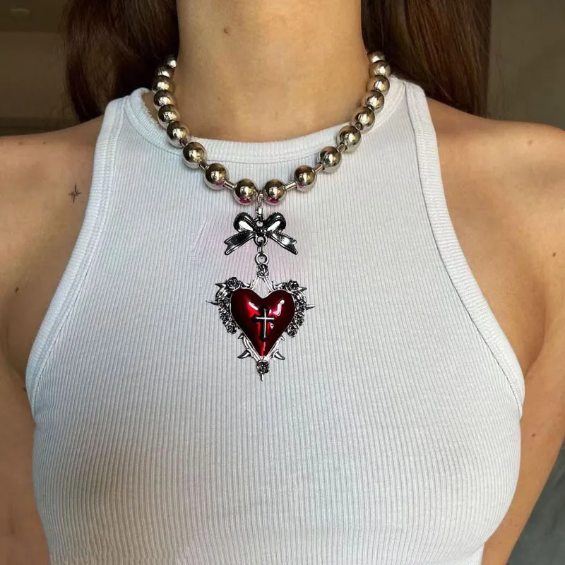 

Rose Cross Heart necklace, Gothic jewelry, bow, Y2k accessory, hippie, beaded chain,Vintage, witchcraft, Choker For Women Man