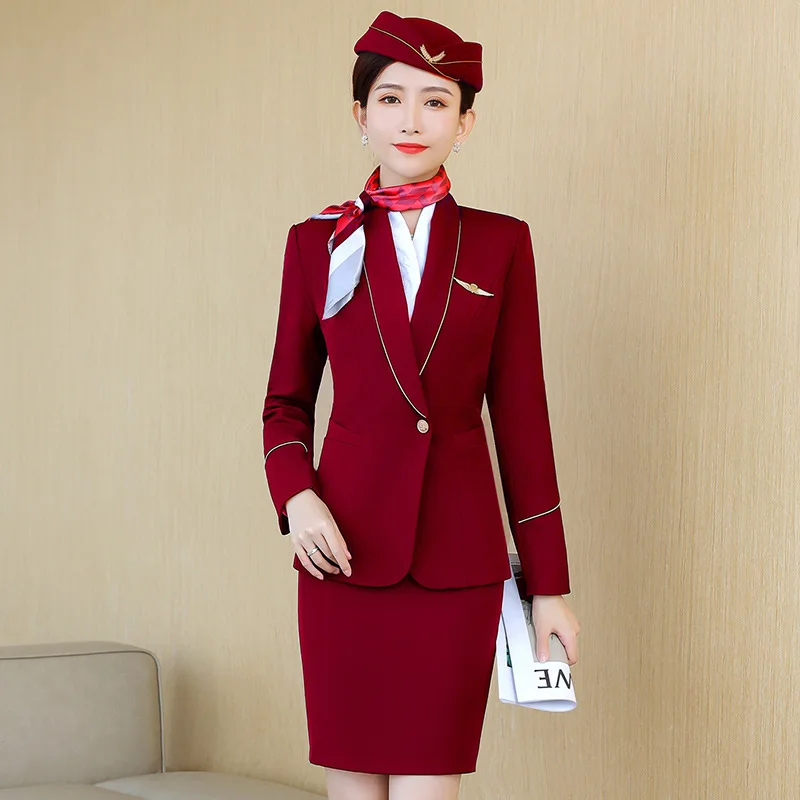 

IZICFLY New Style fall Outfits Women Suits Office Sets With Skirt Business Airline Stewardess Elegant Formal Work Wear Red