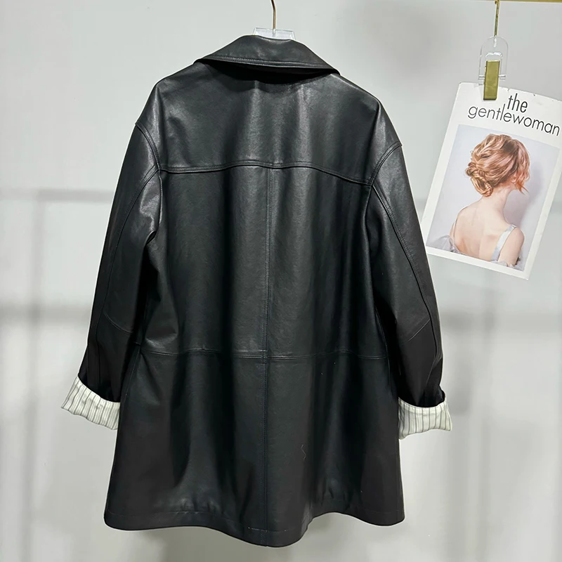 Giacca in pelle Autunno Donna Pelle di pecora conciata al vegetale piena Tasche con risvolto Camicia ampia da medio a lunga Trench Coat Blusas De Mujer