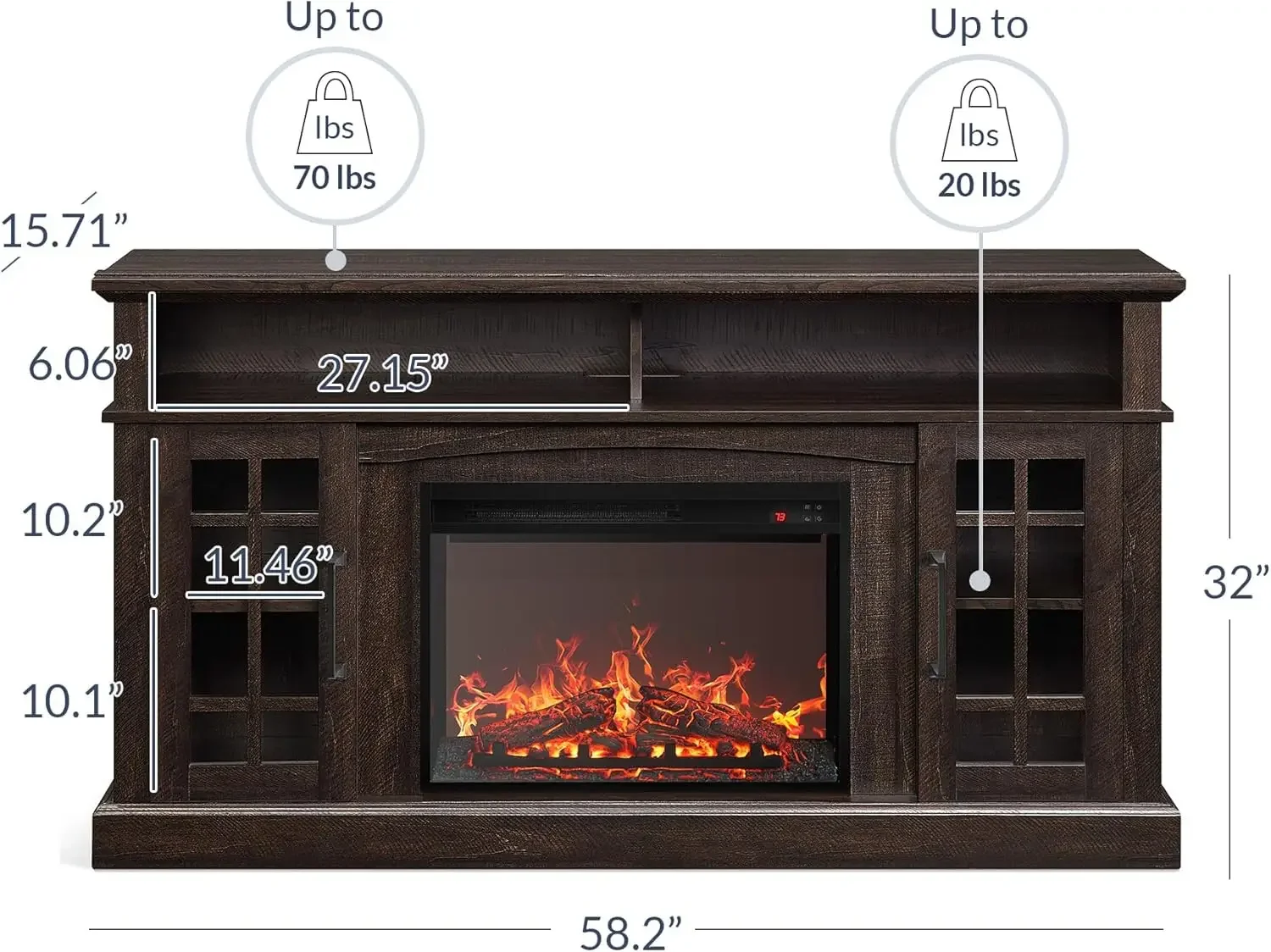 Traditional 58" Rustic TV Stand with 23" Electric Fireplace Heater with Sound, Media Entertainment Center Console Table image 3