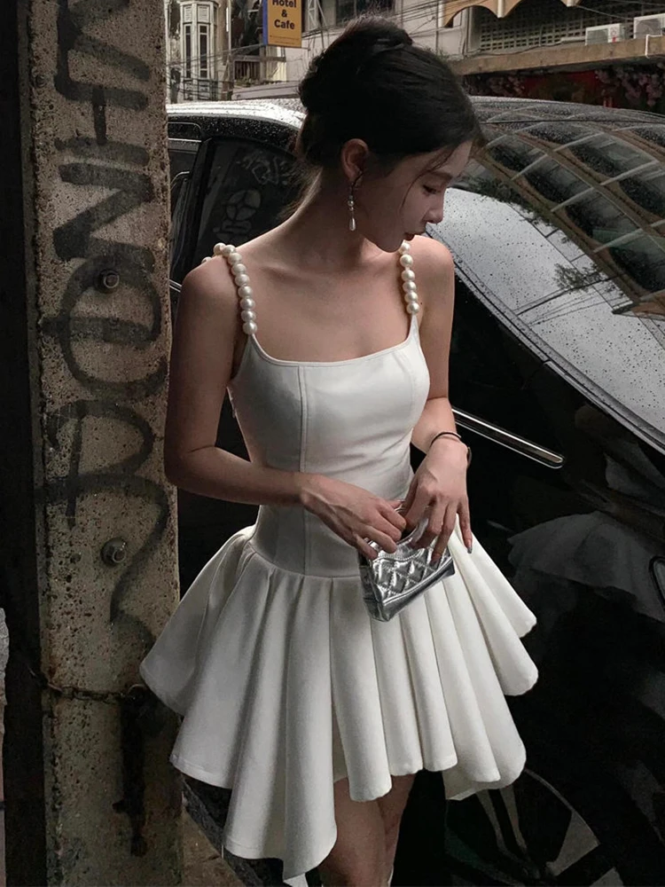 Elegant White Pearl Spaghetti Strap Mini Dress Asymmetrical Pleated Birthday Dress For Women Summer Fashion Ladies Dresses