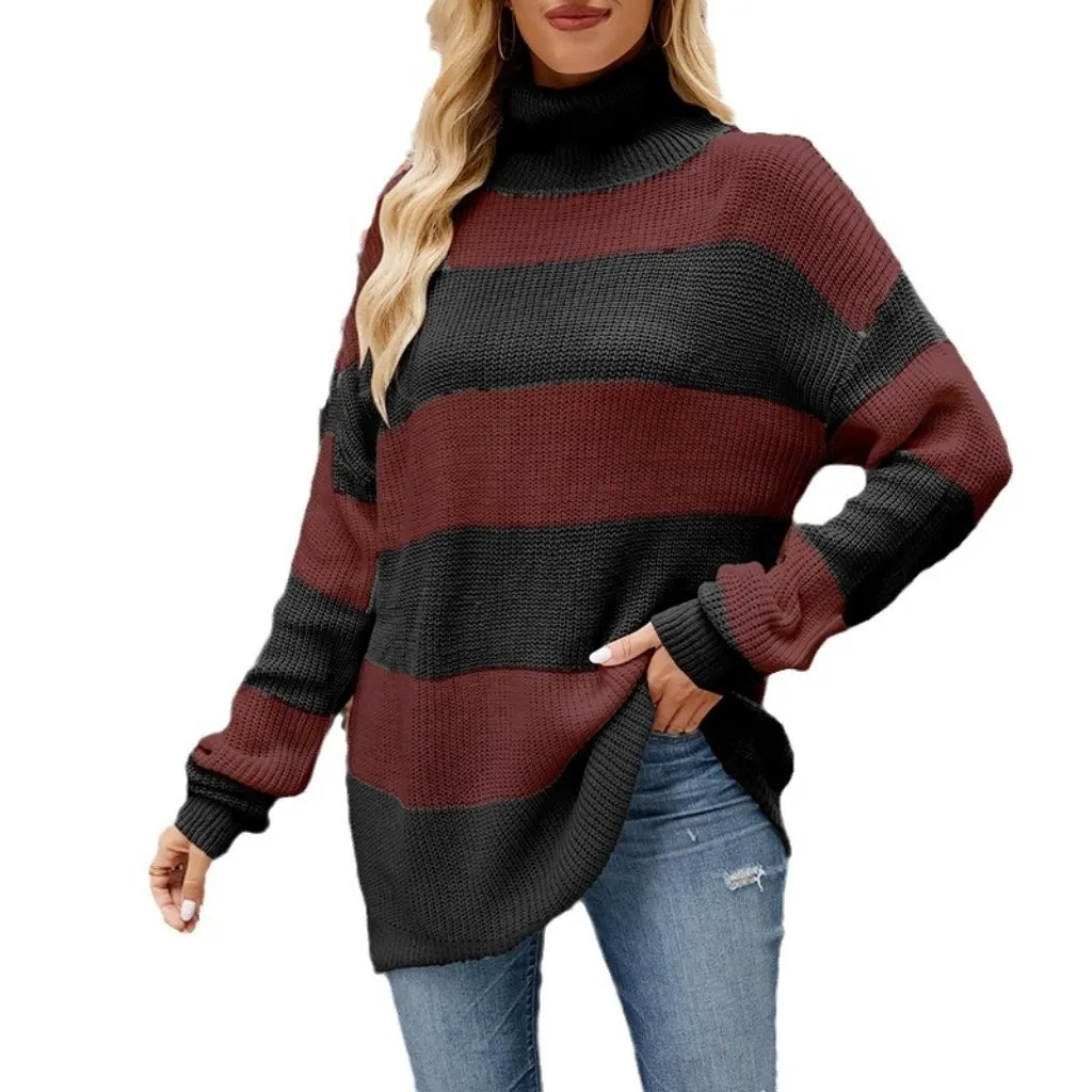 

Long-Sleeved Turtleneck Sweater European And American Style Casual Loose Striped Knitwear for Women