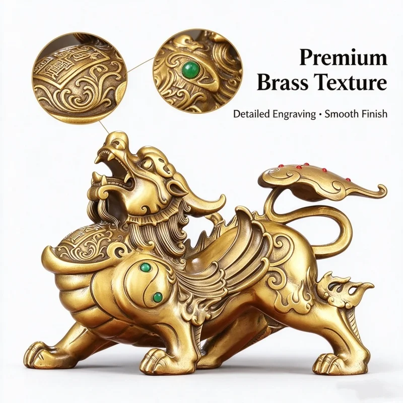 Brass Pixiu Statue Chinese Feng Shui Pi Yao Figurine Wealth Guardian Ornament Home Office Desktop Decoration Collectible Gift