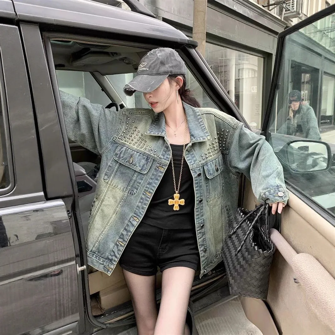 Vintage Studded Denim Jacket for Women Oversized Washed Jean Coat Long Sleeve Button Up Streetwear Y2K Casual Loose Outerwear
