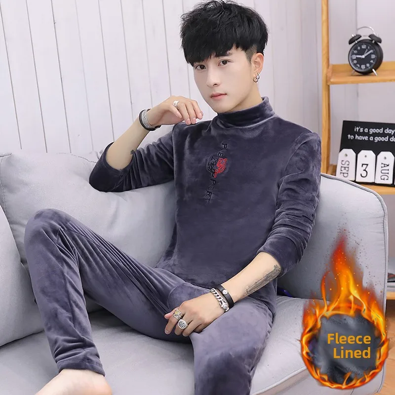 

Утепленный двусторонний бархатный зимний комплект теплого нижнего белья для мужчин и молодежи: вышитая толстовка с длинными рукавами и длинные брюки