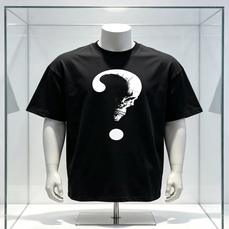 Men's Streetwear Skull & Question Mark Graphic T-Shirt - Soft Cotton Regular Fit Short Sleeve Tee, Black with White Print, Breat