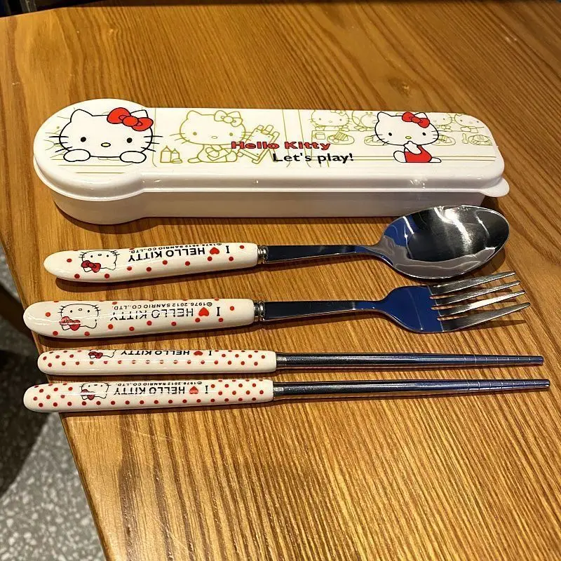 Sanrio Hello Kitty vajilla de acero inoxidable juego de tres piezas vajilla de viaje portátil palillos cucharas tenedores caja de almacenamiento de traje