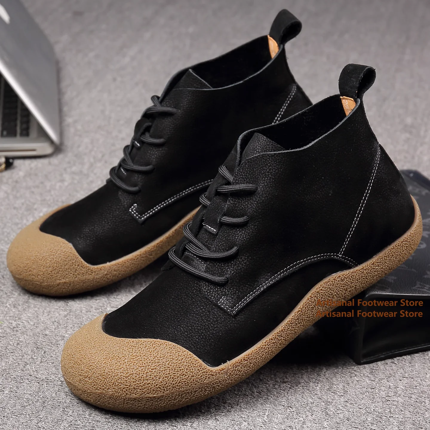 Cowhide Retro Men's Boots Soft Leather Soft Sole Lace-Up High-Top Boots Genuine Leather Men's Shoes Newest Handmade Booties