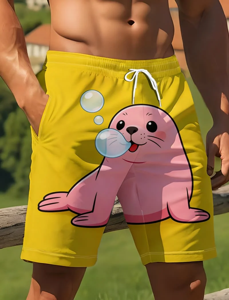 

Men's Unique Cute Cartoon Print Beach Shorts - Funny Animal smiley Print Casual Shorts For Everyday Summer Wear