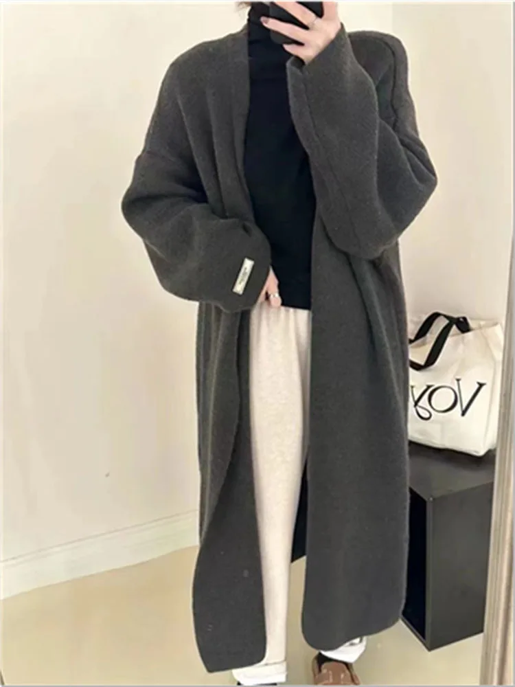 LANMREM Mid-length Sweater Coat Women\'s Long Sleeves Solid Color Loose Casual Cardigan 2024 Autumn New Clothing 2Z2288