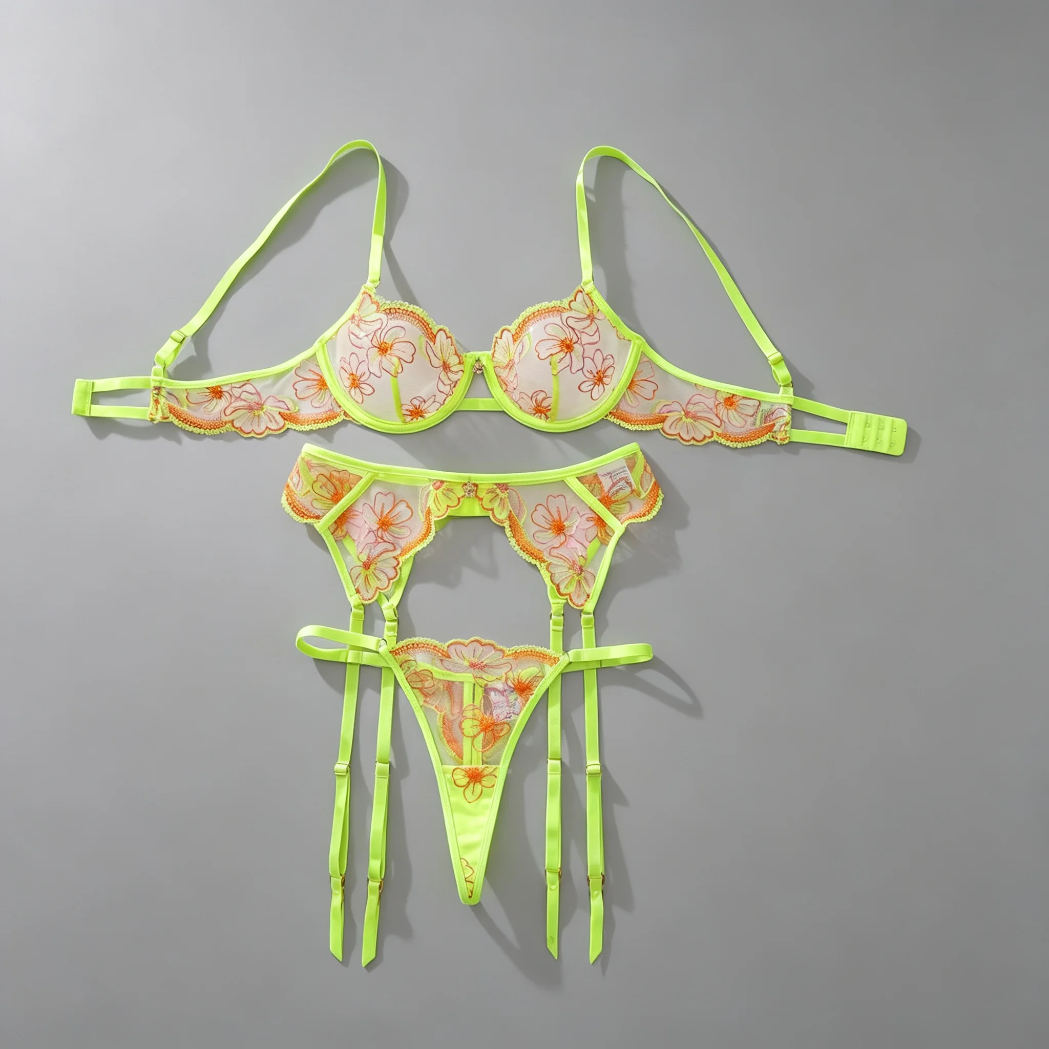 Seductive 3‑Piece Separated Lingerie Set Fashion Color Contrast Floral Embroidered Underwire Push‑Up Body Shaping Intimates
