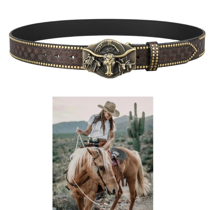 D0UB Western Cowboy Leathers เข็มขัด Vintage รูปแบบดอกไม้แกะสลักเข็มขัดสำหรับชาย PU Leathers กางเกงยีนส์เข็มขัด