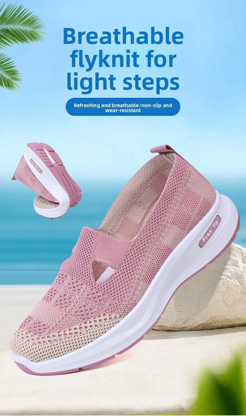 Damen-Slipper aus hohlem Netzstoff, atmungsaktiv, gestrickt, dicke Plattform, leicht, rutschfest, lässige Loafer für Mütter, Senioren, Outdoor – Detail 2
