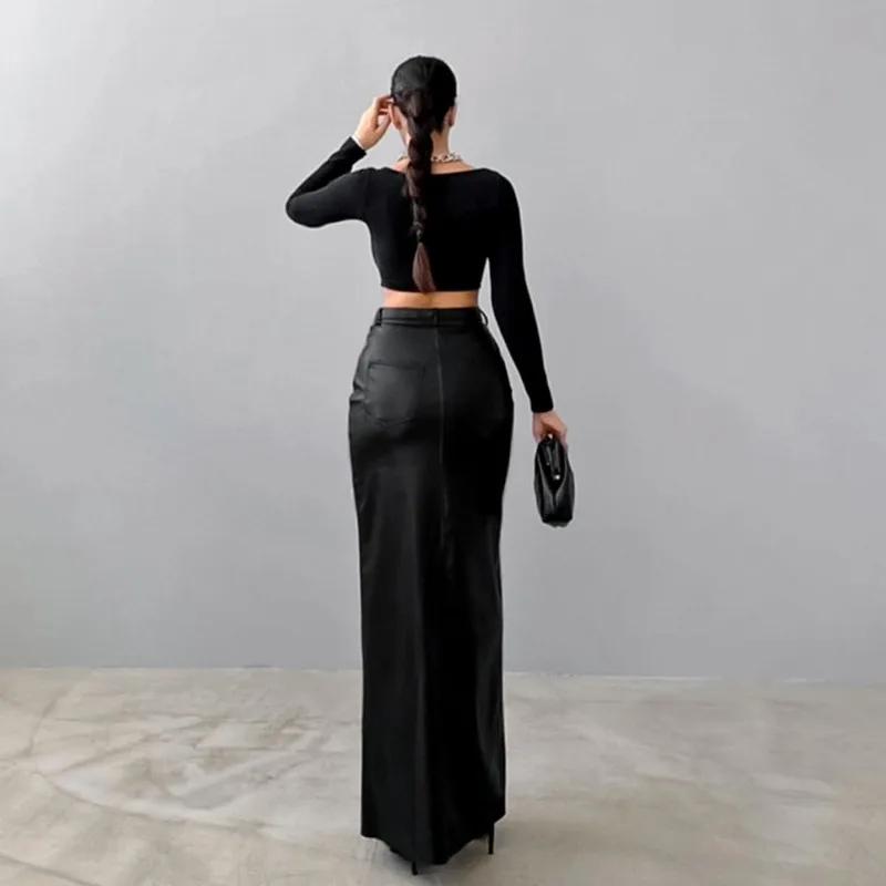 Spring Autumn Women High Waist PU Leather Skirts Ladies Solid Slim Long Skirts Fashion Elegant Commute Women Half Body Skirt