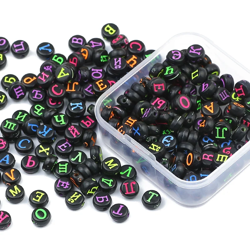 DIY Kit Set 200Pcs Fashion Colourful Russian Letters Flat Round Acrylic Loose Beads For Jewelry Bracelet Necklace Accessories