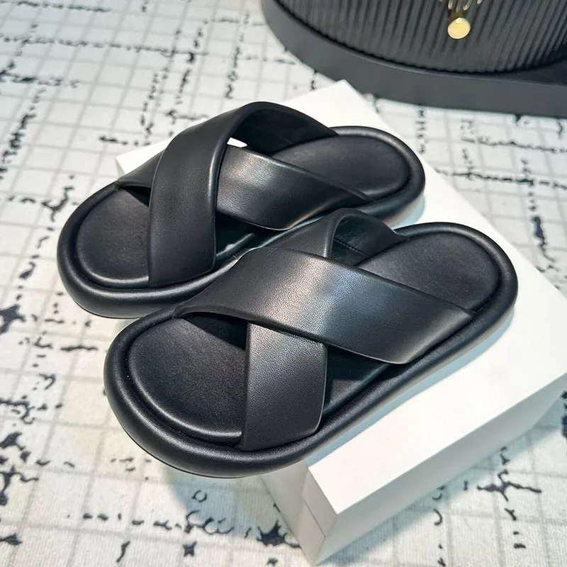 New Women's Open Toe Cross Band Design Slippers Genuine Leather Thick Bottom Slippers  Outdoor Vacation Beach Shoes Slides
