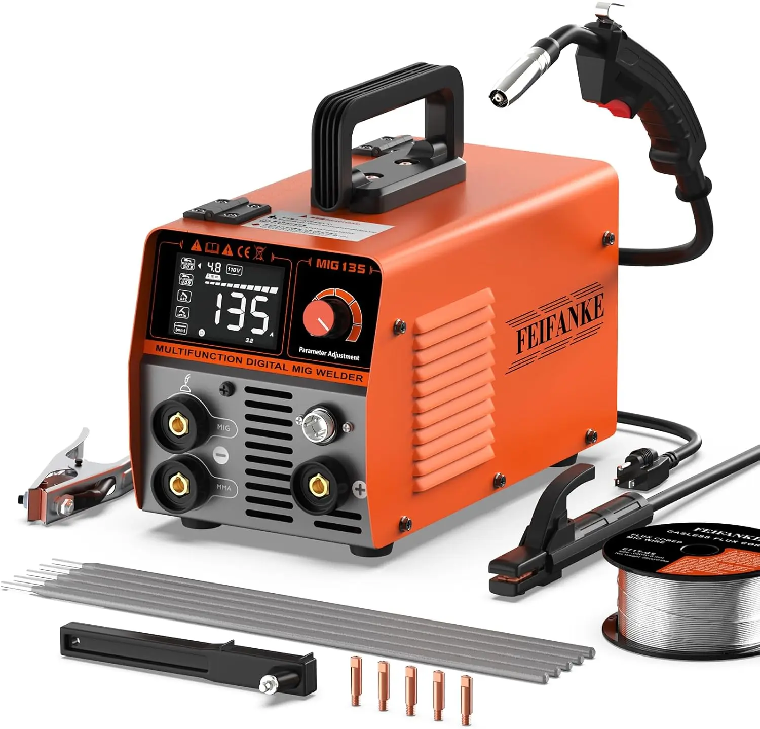 

135A 3-in-1 Portable Welder: Flux Core MIG, Lift TIG, Stick with IGBT Inverter & LED Display - Complete Kit for Beginners