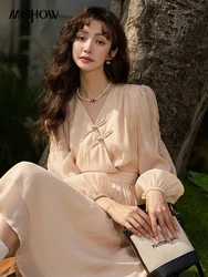 MISHOW French Elegant Dress for Women Spring/Summer A-LINE Puff Sleeve V-Neck Long Sleeve Female Fashion Dresses MXC13L1265