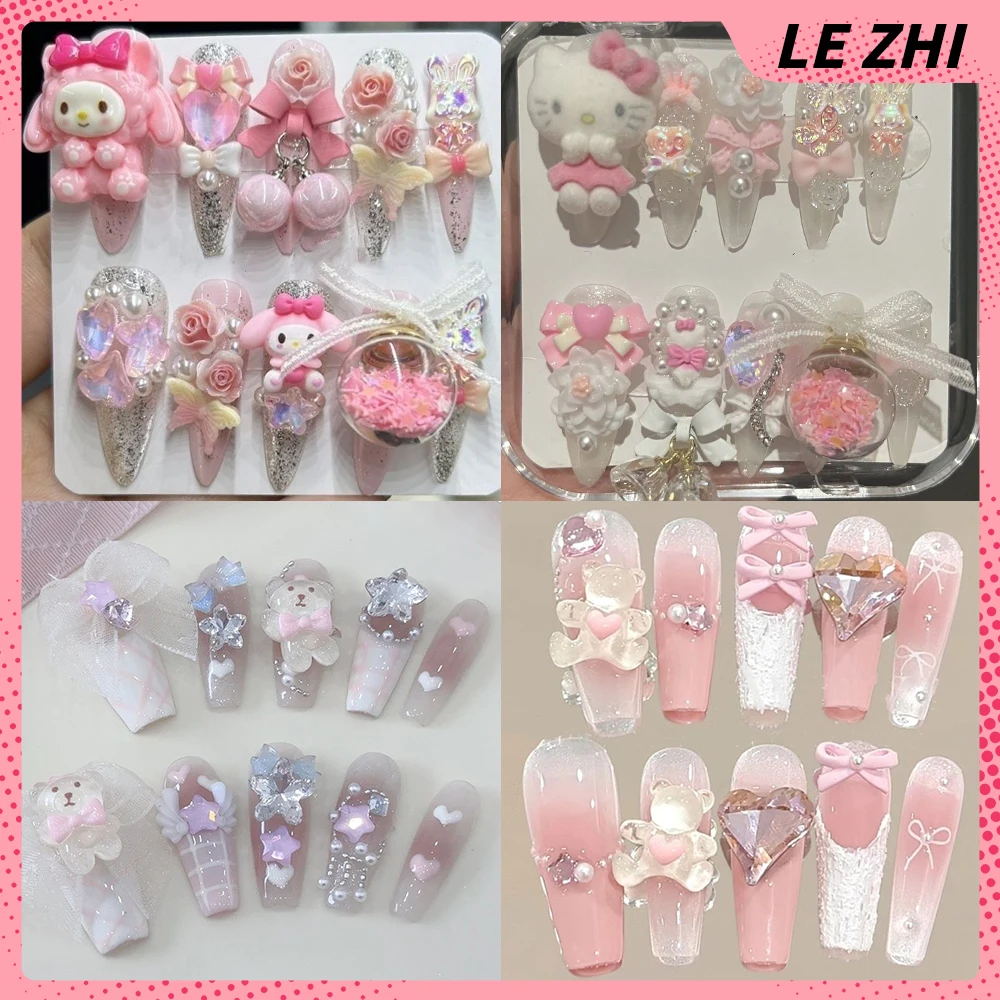 

Sweet Lovely Sanrio Hello Kitty My Melody Handmade Fake Nails Cartoon Anime Cinnamoroll Bear Long Coffin Stiletto Fake Nails