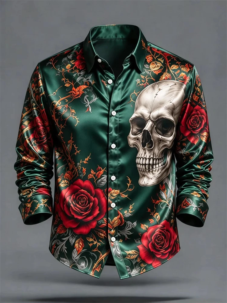 2026 New Men's Halloween Shirt Vintage Floral Skull Print Button-Down Collar Loose Fit Festive Party Streetwear Style Top