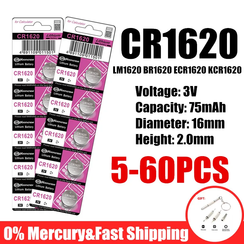 5-60pcs CR1620 Button Cell Lithium Battery 3V 75mAh LM1620 BR1620 ECR1620 KCR1620 1620 5009LC Coin Cells Watch Toys Batteries